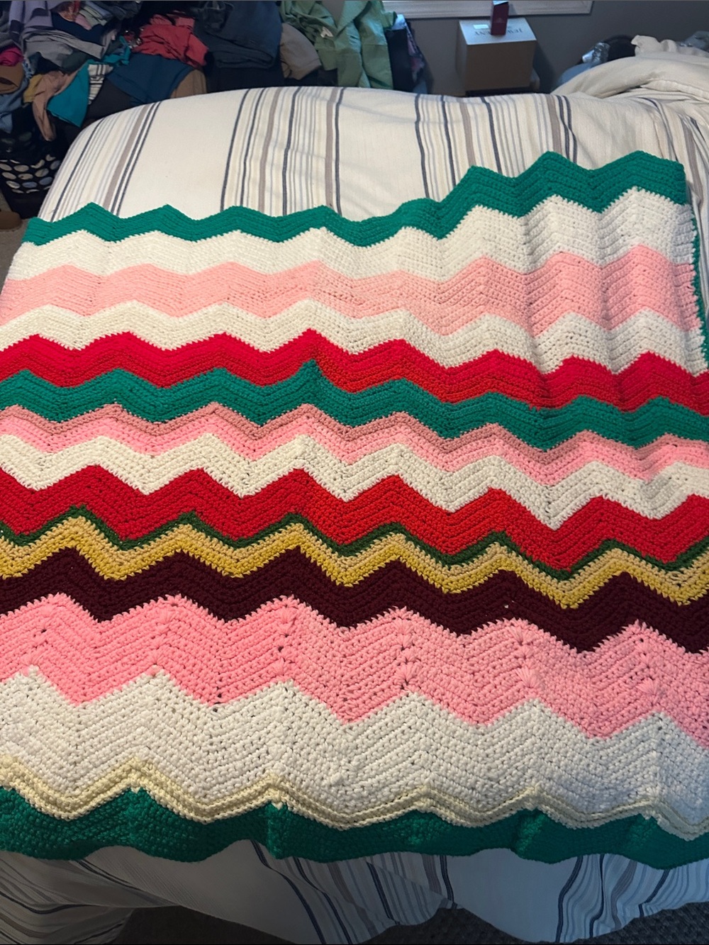 Handmade Chevron Crochet Blanket in Pink, White, Green and Red